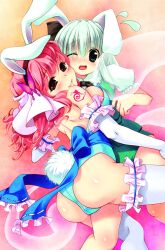  2girls adapted_costume animal_ears asou_natsume ass back bare_back bare_shoulders blush breasts bug butterfly cleavage commentary_request elbow_gloves fake_animal_ears ghost gloves green_eyes grey_hair hair_ornament hairband hitodama kemonomimi_mode konpaku_youmu konpaku_youmu_(ghost) large_breasts looking_back multiple_girls one_eye_closed open_mouth photoshop_(medium) pink_hair playboy_bunny rabbit_ears rabbit_tail red_eyes saigyouji_yuyuko short_hair straddling sweatdrop tail tattoo thighhighs touhou white_gloves white_legwear wince 