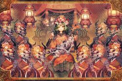  buddhism commentary_request female flower funeral green_hair hair_flower hair_ornament horns lamp long_hair long_sleeves lotus monk one_eye_closed orange_eyes original photoshop_(medium) praying robe skeleton solo zounose 