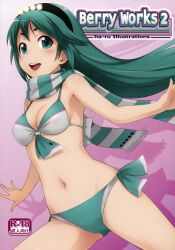  :d bikini blush breasts cleavage cover e5_hayabusa eyebrows female front-tie_top green_eyes green_hair ha-ru hairband highres long_hair medium_breasts navel open_mouth original personification photoshop_(medium) scarf side-tie_bikini_bottom smile solo striped_clothes striped_scarf swimsuit 