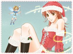  1boy bad_id bad_pixiv_id bare_shoulders boots brown_hair cross-laced_footwear fairy female fishnet_pantyhose fishnets hat hino_kahoko holly kulalix la_corda_d&#039;oro light_smile lili_(la_corda_d&#039;oro) merry_christmas musical_note orange_eyes pantyhose santa_costume santa_hat thighhighs 