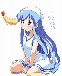  blue_eyes blue_hair blush commentary_request dress female food hat highres hiro_hiroki ikamusume shinryaku!_ikamusume shrimp shrimp_tempura sitting solo tears tempura tentacle_hair translated trembling wariza 