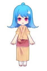  ahoge bili_girl_22 bilibili blue_hair chibi cosplay female full_body hair_ornament hanasaku_iroha hao_(patinnko) japanese_clothes kissuisou_uniform lowres matsumae_ohana matsumae_ohana_(cosplay) nakai_(waitress) obi red_eyes sandals sash solo transparent_background zouri 