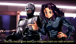  1980s_(style) 1boy animification armor auto-9 commentary crossover cyborg female full_metal_panic gun hand_on_own_hip handgun manly otaking parody peter_weller photoshop_(medium) police retro_artstyle robocop robocop_(character) science_fiction subtitled uniform weapon 