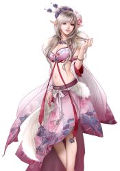  bad_link bracelet detached_sleeves elf female grey_hair hair_ornament halterneck jewelry lip_piercing lips long_hair meng_li midriff navel photoshop_(medium) piercing pointy_ears qq_xi_you red_eyes simple_background solo standing white_background zhang_xiaobai 