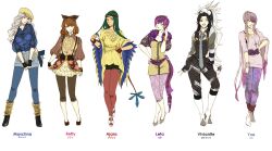  6+girls archeops bag black_hair brown_hair commentary_request fashion fingerless_gloves gloves green_hair grey_hair handbag jewelry leggings liepard micho mienshao multicolored_hair multiple_girls necklace necktie pantyhose personification pokemon purple_hair samurott sawsbuck sawsbuck_(spring) suspenders two-tone_hair zebstrika 