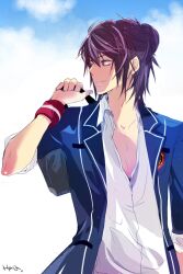  1boy alternate_costume alternate_hairstyle bad_id bad_pixiv_id black_hair contemporary hair_bun hyura1004 male_focus official_alternate_costume photoshop_(medium) purple_eyes shirt single_hair_bun smile solo tales_of_(series) tales_of_vesperia yuri_lowell yuri_lowell_(reliable_senior) 