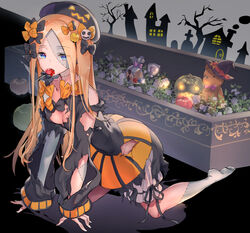  abigail_williams_(fate) all_fours bag barefoot black_bow black_dress black_hat blonde_hair blue_eyes blush bow breasts candy cookie dress fate/grand_order fate_(series) female food forehead hairbow halloween halloween_costume hat jack-o&#039;-lantern lollipop long_hair long_sleeves looking_at_viewer mouth_hold multiple_hair_bows orange_bow orange_skirt parted_bangs patchwork_skin pumpkin skirt small_breasts solo stuffed_animal stuffed_toy teddy_bear thighs torn_clothes torn_dress yuduki_(tt-yuduki) zombie zombification 