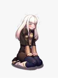  :t blue_pantyhose blush boots breasts clenched_hand commentary_request dirty dirty_clothes dirty_face female fire_emblem fire_emblem:_three_houses full_body garreg_mach_monastery_uniform highres long_hair long_sleeves lysithea_von_ordelia messy_hair moyashi_mou2 pantyhose pout purple_eyes shadow sidelocks simple_background sitting skirt small_breasts solo trembling wariza white_background white_footwear white_hair 