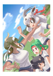  4girls :d alternate_costume animal_ears antenna_hair arabian_oryx_(kemono_friends) aurochs_(kemono_friends) bare_arms bear_ears black_eyes blurry blurry_background border brown_eyes brown_hair buruma carrying clenched_teeth commentary_request cow_ears cow_girl cow_horns cow_tail curled_horns curly_hair dark-skinned_female dark_skin dutch_angle extra_ears furrowed_brow gazelle_ears green_hair grin hachimaki headband high_ponytail highres horns japanese_black_bear_(kemono_friends) kemono_friends long_hair looking_at_another looking_up medium_hair multicolored_hair multiple_girls okome_kogashi open_mouth outstretched_arm panther_chameleon_(kemono_friends) red_eyes shaded_face shirt short_sleeves signature smile sportswear sweat tail taut_clothes taut_shirt teeth two-tone_hair v-shaped_eyebrows white_border white_hair 