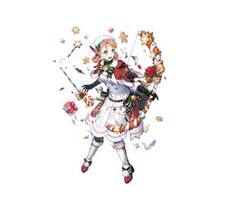  aiming annette_fantine_dominic annette_fantine_dominic_(winter) aqua_eyes arrow_(projectile) bandana blue_eyes boots bow_(weapon) breasts candy candy_cane cape cleavage clothes dress female fire_emblem fire_emblem:_three_houses fire_emblem_heroes fire_emblem_warriors:_three_hopes food full_body gift gingerbread_man gloves hair_rings holding holding_arrow holding_candy holding_candy_cane holding_food kiyu_(zuyu) official_alternate_costume official_alternate_hairstyle official_art orange_hair red_cape simple_background small_breasts solo tachi-e teeth torn upper_teeth_only weapon white_dress 