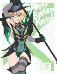  absurdres akatsuki_kirika arm_up blonde_hair blush breasts chuunioniika covered_navel dated female green_eyes green_leotard happy_birthday highres ignite_module leotard looking_at_viewer medium_breasts scythe senki_zesshou_symphogear shiny_skin short_hair skin_tight solo standing striped_clothes striped_thighhighs thighhighs tongue tongue_out 