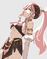  alternate_costume artist_name bikini bikini_top_only black_bikini black_hairband black_skirt braid breasts closed_mouth commentary cowboy_shot dancer dated_commentary detached_sleeves female fire_emblem fire_emblem_awakening fire_emblem_heroes grey_background hairband long_hair looking_at_viewer navel official_alternate_costume olivia_(fire_emblem) olivia_(performing_arts)_(fire_emblem) pink_eyes pink_hair ponytail profile sideboob sidelocks simple_background skeptycally skirt small_breasts solo swimsuit twin_braids 