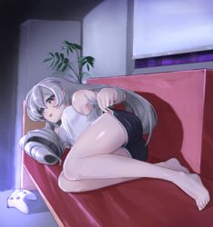  absurdres ass bare_arms barefoot black_shorts breasts bronya_zaychik bronya_zaychik_(silverwing:_n-ex) controller couch dated_commentary feet female full_body game_controller gamepad grey_eyes grey_hair hair_between_eyes highres honkai_(series) honkai_impact_3rd indoors legs long_hair looking_at_viewer lying medium_breasts nabiyan on_couch on_side open_mouth pink_pupils plant shirt shorts sleeveless sleeveless_shirt solo sweat toes white_shirt 