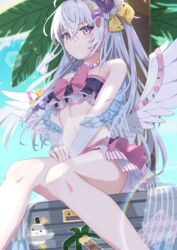  angel_wings azusa_(blue_archive) azusa_(swimsuit)_(blue_archive) beads bikini bikini_skirt blue_archive blush bow_on_wing feathered_wings female flower food-themed_hair_ornament frilled_bikini frills hair_flower hair_ornament halo highres long_hair looking_at_viewer low_wings multicolored_bikini multicolored_clothes official_alternate_costume orange_hair_ornament palm_tree pink_ribbon purple_eyes purple_flower ribbon ribbon-trimmed_swimsuit ribbon_trim sitting solo strapless strapless_bikini swimsuit syimo tree watermelon_hair_ornament wedge_heels white_hair white_wings wing_ornament wings 