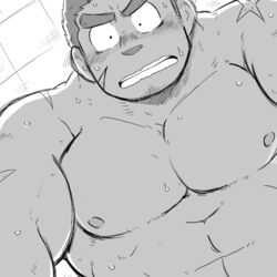  1boy abs bara blush facial_hair flustered greyscale large_pectorals looking_at_viewer male_focus monochrome muscular muscular_male nipples pectorals pov saruhiko_(mtmnkmn) scar short_hair solo tamamura_gunzo thick_eyebrows tokyo_afterschool_summoners topless_male upper_body 