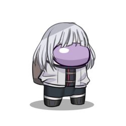  abineko among_us backpack bag crewmate_(among_us) female full_body girls&#039;_frontline grey_hair jacket long_hair parody purple_eyes rpk-16_(girls&#039;_frontline) shadow simple_background solo spoilers standing white_background 