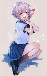  :d blush brown_eyes chocho_(homelessfox) commentary female hair_ornament hairclip heart idolmaster idolmaster_cinderella_girls koshimizu_sachiko looking_at_viewer open_mouth purple_hair school_uniform short_hair sidelocks skirt smile solo symbol-only_commentary 