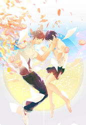  1boy :d ^_^ air_bubble bare_legs barefoot belt black_hair black_pants black_skirt bubble circle closed_eyes commentary_request couple crying djyui female floating flower forehead-to-forehead full_body hand_on_own_chest hands_on_another&#039;s_cheeks hands_on_another&#039;s_face happy heads_together highres konno_makoto light_brown_hair mamiya_chiaki open_mouth pants paper petals pink_flower pink_rose pleated_skirt rose sad school_uniform shirt shoes short_hair skirt smile sneakers sobbing straight tears toki_wo_kakeru_shoujo uniform very_short_hair white_footwear white_shirt 