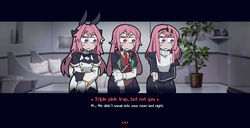  3boys ansel_(arknights) arknights astolfo_(fate) astolfo_(saber)_(fate) astolfo_(saber)_(third_ascension)_(fate) black_bow black_gloves bow bowtie braid closed_mouth color_connection commentary dialogue_box english_commentary english_text fake_screenshot fate/grand_order fate_(series) gloves hair_color_connection hair_intakes helltaker highres holostars layered_skirt long_hair looking_away looking_to_the_side low_twintails male_focus multicolored_hair multiple_boys otoko_no_ko parody pink_hair purple_eyes rabbit_boy red_eyes sesield single_braid skirt streaked_hair style_parody sweater trait_connection tsukishita_kaoru turtleneck turtleneck_sweater twintails vanripper_(style) virtual_youtuber visual_novel white_hair wing_collar 