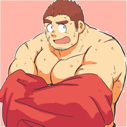  1boy bara blush brown_hair facial_hair highres large_pectorals male_focus muscular muscular_male pectorals protected_link saruhiko_(mtmnkmn) scar short_hair solo sweat tamamura_gunzo thick_eyebrows tokyo_afterschool_summoners topless_male undressing upper_body 