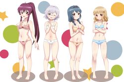  4girls absurdres blonde_hair blue_eyes blue_hair blue_stripes blush bra breasts brown_eyes cleavage closed_mouth collarbone commission crossed_arms full_body furutani_himawari glasses green_eyes hair_ornament hairband hairclip highres ikeda_chitose kiniro_tofu large_breasts long_hair looking_at_viewer multiple_girls navel one_eye_closed oomuro_sakurako open_mouth panties pink_bra pink_panties pixiv_commission ponytail purple_eyes purple_hair shiny_skin short_hair small_breasts smile standing striped_bra striped_clothes striped_panties sugiura_ayano underwear underwear_only white_bra white_hair white_panties white_stripes yellow_bra yellow_panties yuru_yuri 