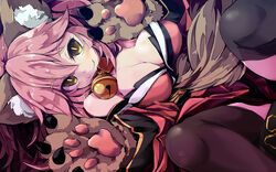  animal_ear_fluff animal_ears animal_hands bell black_legwear blush breasts cat_paws cleavage closed_mouth collar commentary_request fate/grand_order fate_(series) female fox_ears fox_girl fox_tail gloves hair_ribbon jingle_bell large_breasts long_hair looking_at_viewer neck_bell oerba_yun_fang paw_gloves photoshop_(medium) pink_hair ponytail rakkogawa_rinro red_ribbon ribbon solo spread_legs tail tamamo_(fate) tamamo_cat_(fate) tamamo_cat_(first_ascension)_(fate) yellow_eyes 