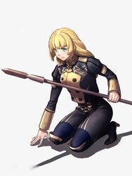  black_footwear blonde_hair blue_pantyhose blunt_bangs boots breasts clenched_teeth commentary_request dirty dirty_clothes dirty_face female fire_emblem fire_emblem:_three_houses full_body garreg_mach_monastery_uniform green_eyes high_heel_boots high_heels highres ingrid_brandl_galatea knee_boots kneeling long_hair long_sleeves medium_breasts moyashi_mou2 pantyhose polearm shadow simple_background skirt solo spear teeth weapon white_background 