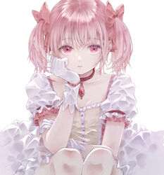  absurdres arm_support bubble_skirt buttons center_frills choker collarbone commentary dot_nose elbow_on_knee eyelashes eyes_visible_through_hair feet_out_of_frame female flat_chest frilled_sleeves frills gloves hair_ribbon hand_on_own_arm head_rest highres kaname_madoka kaname_madoka_(magical_girl) legs_together light_blush looking_at_viewer mahou_shoujo_madoka_magica mahou_shoujo_madoka_magica_(anime) parted_lips pink_eyes pink_hair pink_ribbon puffy_sleeves red_choker ribbon riri_(ririwaldorf) short_twintails simple_background skirt solo soul_gem twintails white_background white_gloves white_skirt 