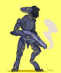  2_fingers 3_toes 5:6 alien ambiguous_gender armor digitigrade feathers feet fingers gun halo_(series) hi_res holding_gun holding_object holding_ranged_weapon holding_weapon humanoid kig-yar male microsoft plasma_gun plumage pyxelyart_(artist) qwertyas1 ranged_weapon scalie simple_background smoke solo t&#039;vaoan toes weapon xbox_game_studios 