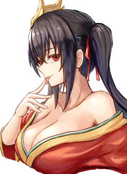  azur_lane bare_shoulders black_hair breasts cleavage closed_mouth collarbone commentary crossed_bangs female hair_between_eyes hair_ribbon hand_up japanese_clothes kimono large_breasts licking licking_finger long_hair mask mask_on_head moppo off_shoulder red_eyes red_kimono red_ribbon ribbon simple_background smile solo taihou_(azur_lane) tongue tongue_out twintails upper_body white_background 