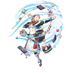  aiming annette_fantine_dominic annette_fantine_dominic_(winter) arrow_(projectile) bandana blue_eyes boots bow_(weapon) breasts candy candy_cane cape cleavage closed_eyes cookie dress female fire_emblem fire_emblem:_three_houses fire_emblem_heroes fire_emblem_warriors:_three_hopes food gift gingerbread_man gloves hair_rings holding holding_arrow holding_candy holding_candy_cane holding_food kiyu_(zuyu) official_alternate_costume official_alternate_hairstyle official_art orange_hair red_cape simple_background small_breasts solo tachi-e teeth upper_teeth_only weapon white_dress 