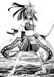  akane_harurou bow_(weapon) female full_body gloves greyscale hachimaki hakama hakama_shorts headband high_ponytail highres holding holding_bow_(weapon) holding_weapon japanese_clothes kantai_collection long_hair long_sleeves monochrome muneate open_mouth partially_fingerless_gloves ponytail shaded_face shorts single_glove solo standing teeth water weapon wide_sleeves yugake zuihou_(kancolle) 