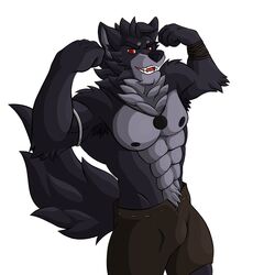  1:1 abs anthro armband armpit_tuft black_body black_fur black_nipples black_nose body_hair bottomwear canid canine canis chest_tuft clothed clothing eye_scar facial_scar fangs far_beyond_the_world_(series) flexing fur happy_trail hi_res jewelry looking_at_viewer male mammal multicolored_body multicolored_fur muscular muscular_anthro muscular_male neck_tuft nipples partially_clothed pendant portrait pubes quickk red_eyes scar shorts showing_teeth solo teeth three-quarter_portrait topless tuft two_tone_body two_tone_fur vulgor_(far_beyond_the_world) wolf 