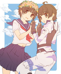  2girls ahoge belt black_belt black_gloves black_hair blue_sailor_collar brown_eyes collarbone creator_connection feet_out_of_frame flower flower_wreath from_side gloves hair_flower hair_ornament head_tilt head_wreath heavy_object holding_hands interlocked_fingers jam_(lc_jam) long_sleeves looking_at_viewer military military_uniform multiple_girls myonri_(heavy_object) navel neckerchief open_mouth pleated_skirt red_neckerchief sailor_collar sakugawa_school_uniform school_uniform serafuku short_hair short_sleeves skirt summer_uniform toaru_kagaku_no_railgun toaru_majutsu_no_index uiharu_kazari uniform 