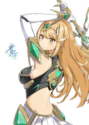  absurdres aegis_sword_(xenoblade) aotsuba bare_shoulders blonde_hair breasts dress earrings elbow_gloves female gloves highres jewelry large_breasts long_hair mythra_(xenoblade) simple_background solo swept_bangs tiara upper_body very_long_hair white_background white_dress white_gloves xenoblade_chronicles_(series) xenoblade_chronicles_2 yellow_eyes 