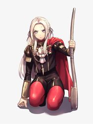  aiguillette axe breasts cape commentary_request dirty dirty_face edelgard_von_hresvelg female fire_emblem fire_emblem:_three_houses forehead full_body garreg_mach_monastery_uniform grey_hair hair_ribbon highres kneeling long_hair long_sleeves looking_at_viewer medium_breasts moyashi_mou2 pantyhose parted_bangs purple_eyes red_pantyhose ribbon shadow simple_background solo white_background 