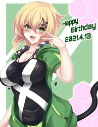  akatsuki_kirika blonde_hair blush breasts dated female green_eyes green_hoodie hair_ornament happy_birthday highres hood hoodie large_breasts looking_at_viewer open_clothes open_hoodie open_mouth senki_zesshou_symphogear seshiro_(which501) shiny_skin short_hair smile solo v v_over_eye x_hair_ornament 