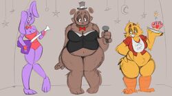  2022 animatronic anthro avian avian_feet barefoot beak bear bib big_breasts bird black_clothing black_topwear bonnie_(fnaf) bootyjam bottomless bow_tie breast_size_difference breasts brown_body brown_fur buckteeth chica_(fnaf) chicken cleavage clothed clothing crotch_tuft cupcake_(fnaf) digital_media_(artwork) electronics eyelashes feet female fingers five_nights_at_freddy&#039;s floppy_ears freddy_(fnaf) fur galliform gallus_(genus) grey_background group guitar hand_on_hip hat head_tuft headgear headwear holding_microphone holding_object huge_breasts lagomorph leotard leporid looking_at_viewer lop_ears machine mammal microphone mtf_crossgender musical_instrument navel one_eye_closed one_eye_obstructed open_mouth overweight overweight_anthro overweight_female phasianid pink_clothing pink_leotard playing_guitar playing_music plucked_string_instrument purple_body purple_fur rabbit red_clothing red_shirt red_topwear robot rule_63 scottgames sharp_teeth shirt simple_background string_instrument teeth thick_thighs toothed_beak top_hat topwear trio tuft wide_hips wink winking_at_viewer yellow_body yellow_fur 