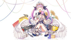  :d ?_block ^_^ absurdres ahoge anchor anchor_symbol apex_legends black_headwear blue_dress blue_footwear blue_hair blue_ribbon box cauldron character_doll closed_eyes colored_inner_hair commentary_request death_box_(apex_legends) dress facing_viewer feathered_wings female flower frilled_dress frills getting_over_it gift gift_box golden_cauldron hair_flower hair_ornament hair_ribbon hammer hat highres holding holding_stuffed_toy hololive hope&#039;s_dusk_(apex_legends) kagura_gumi kagura_mea knees_together_feet_apart knees_up long_hair low_wings maid_headdress mario_(series) minato_aqua minato_aqua_(1st_costume) multicolored_hair no_socks peaked_cap pink_flower pink_hair pink_rose puffy_short_sleeves puffy_sleeves reflection ribbon rose shoes short_sleeves simple_background sitting sledgehammer smile streaked_hair stuffed_animal stuffed_cat stuffed_rabbit stuffed_toy sunflower super_mario_bros._1 tetris twintails two-tone_hair very_long_hair virtual_youtuber white_background white_flower white_wings wings xuu_shi_times yellow_flower 