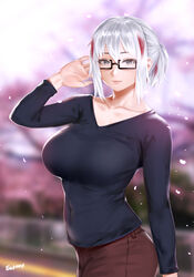  black-framed_eyewear black_eyes boku_no_hero_academia breasts brown_pants collarbone commentary easonx english_commentary eyebrows_hidden_by_hair female glasses hair_between_eyes hair_up hand_to_head highres large_breasts long_sleeves multicolored_hair navel pants red_hair semi-rimless_eyewear shirt short_hair solo todoroki_fuyumi two-tone_hair under-rim_eyewear v-neck white_hair 