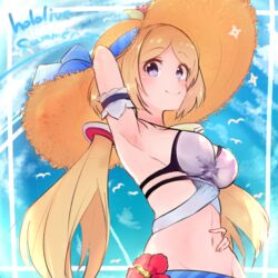  aki_rosenthal aki_rosenthal_(hololive_summer_2019) arm_up armband armpits bikini bikini_top_only blonde_hair blue_eyes bob_cut breasts closed_mouth commentary detached_hair female flower frilled_armband frills groin hand_on_own_hip hat headgear hibiscus highres hololive long_hair looking_at_viewer low_twintails medium_breasts navel official_alternate_costume parted_bangs shimaji_noma short_hair skindentation smile solo straw_hat sun_hat swimsuit twintails upper_body virtual_youtuber white_bikini 