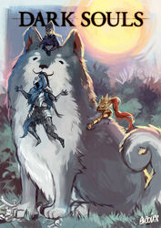  2boys animal armor artorias_the_abysswalker boots cape dark_souls_(series) dark_souls_i dragon_slayer_ornstein female full_armor gauntlets great_grey_wolf_sif helmet highres lord&#039;s_blade_ciaran mask multiple_boys natasha_(enijoi) oversized_animal snout two-tone_fur wolf 