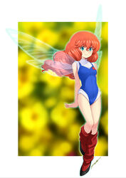  arms_behind_back black_footwear blue_eyes blue_leotard blurry blurry_background brown_hair commentary fairy fairy_wings female flying full_body juusenki_l-gaim kazuma_muramasa kneehighs leotard lilith_fau long_hair outer_glow photoshop_(medium) red_socks shoes signature smile socks solo wings 