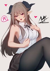  artist_name bare_arms bare_shoulders black_legwear black_ribbon breasts brown_hair brown_skirt collared_shirt commentary curled_horns dress_shirt earrings eyebrows_hidden_by_hair feet_out_of_frame female grey_background hair_between_eyes heart highres horns implied_yuri interlocked_venus_symbols jewelry kneehighs long_hair looking_at_viewer medium_breasts neck_ribbon original pantyhose pointy_ears red_eyes ribbon shimmer shirt signature simple_background sitting skirt sleeveless sleeveless_shirt socks solo symbol-only_commentary tongue tongue_out venus_symbol very_long_hair white_shirt 