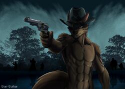  absurd_res anthro canid canine canis claws coyote digital_media_(artwork) fur gun gur-gahar handgun hi_res looking_at_viewer male mammal nude ranged_weapon revolver simple_background solo weapon 