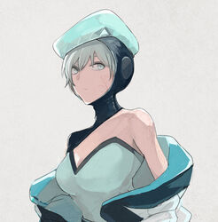  animification apex_legends beret black_hat blue_eyes blue_hair blue_hat breasts female hat haute_drop_wattson hood jacket lichtenberg_figure looking_to_the_side medium_breasts removing_jacket scar scar_on_arm scar_on_cheek scar_on_face solo stack_(sack_b7) upper_body wattson_(apex_legends) white_jacket 