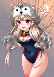  alternate_costume animal_costume animal_hands animal_hood black_one-piece_swimsuit black_ribbon blonde_hair breasts cleavage collar competition_swimsuit covered_navel cowboy_shot crescent_moon dog_costume dog_hood female fog gloves hair_between_eyes hair_flaps hair_ornament hair_ribbon hairclip halloween highres hood kantai_collection kaze_makase long_hair moon one-piece_swimsuit orange_sky outdoors paw_gloves red_eyes ribbon sky small_breasts solo swimsuit tree yuudachi_(kancolle) yuudachi_kai_ni_(kancolle) 