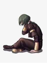  1boy black_footwear boots closed_eyes commentary_request dirty dirty_clothes dirty_face fire_emblem fire_emblem:_three_houses full_body garreg_mach_monastery_uniform green_hair hand_on_own_neck highres linhardt_von_hevring long_sleeves male_focus medium_hair moyashi_mou2 open_mouth pants ponytail profile rubbing_neck shadow simple_background sitting solo white_background 