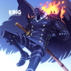  1boy arm_at_side armor black_wings boots buttons character_name covered_face dated fire formal frilled_shirt_collar frills gimp_mask gimp_suit gloves goggles goggles_on_head hand_up highres jacket katana king_(one_piece) knee_pads knee_up large_pectorals leather leather_boots leather_gloves leather_jacket leather_mask leather_pants leather_suit long_sleeves male_focus mask muscular muscular_male one_piece pants pectorals red_eyes scabbard sheath sheathed shoulder_armor solo spikes suit sword weapon wings youkan_(tako) 