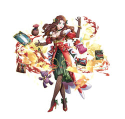  bangle bare_shoulders bracelet breasts brown_gloves brown_hair candy candy_cane choker christmas_stocking cleavage detached_sleeves dorothea_arnault dorothea_arnault_(winter) dress elbow_gloves female fire_emblem fire_emblem:_three_houses fire_emblem_heroes fire_emblem_warriors:_three_hopes fishnet_pantyhose fishnets food full_body gloves green_dress green_eyes high_heels jewelry large_breasts long_hair mikurou_(nayuta) pantyhose solo star_(symbol) star_choker stuffed_animal stuffed_toy teddy_bear waist_cape 